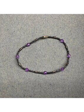 Faceted Beaded Hematite Anklet 9 In Ankle Bracelet Purple Silver Screw Sparkly